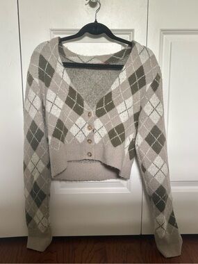 Beige Botany Cropped Argyle Cardigan